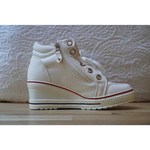 Vintage White Trendy Wedge High Top Zip Up Studded Sneakers Size 245 US 7.5 - Picture 4 of 12